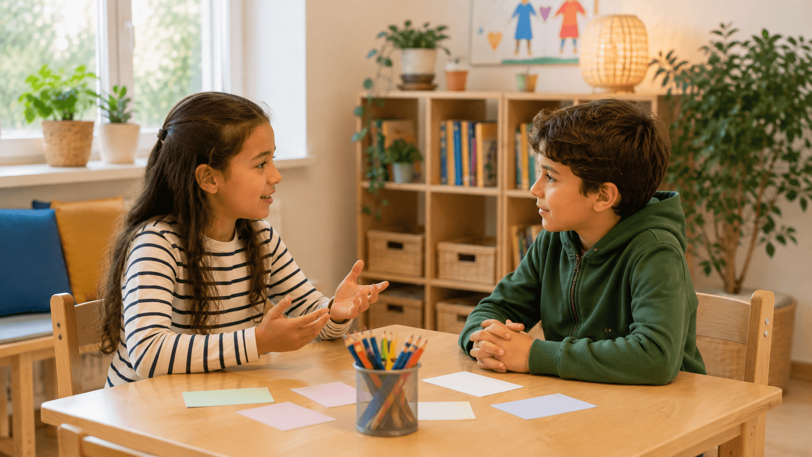 Barış masasında birbirini dinleyen çocuklar