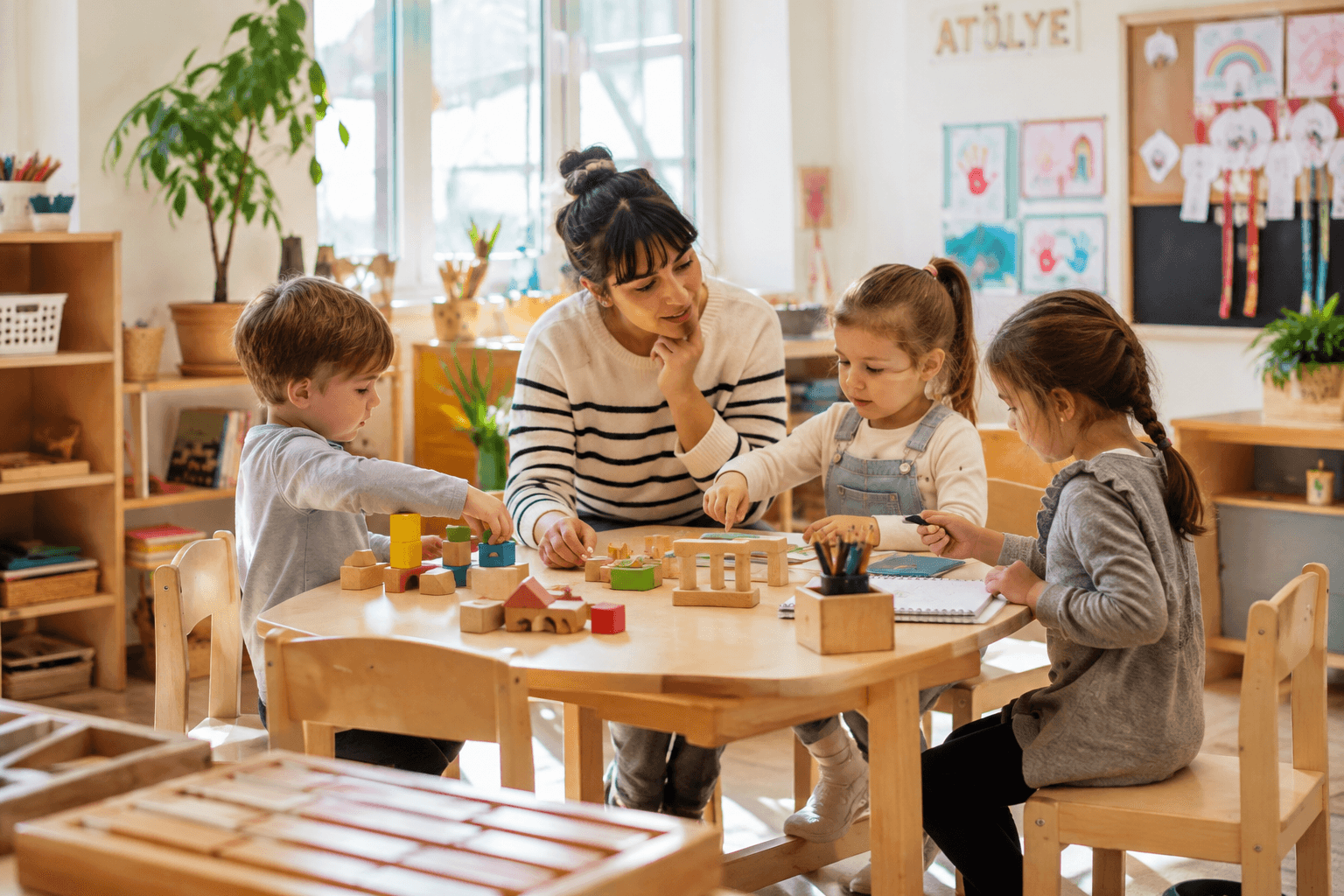 Anaokulu çocukları öğretmenleriyle etkinlik yaparken